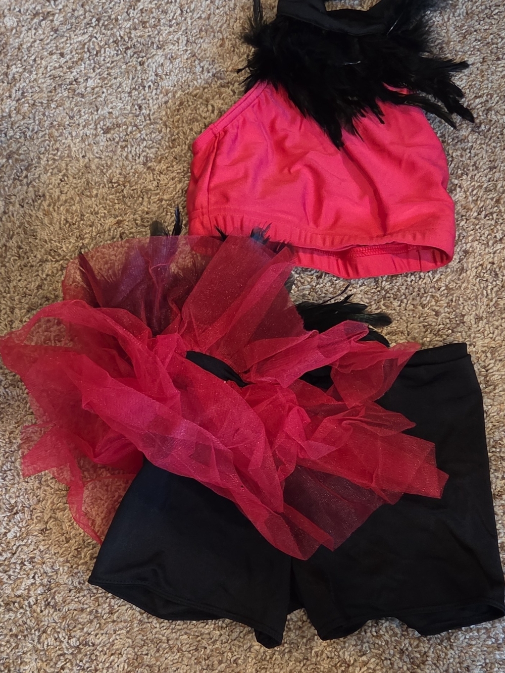 ADULT Large Red/Black Feather & Tulle 2 piece shorts / Halter Top Dance Costume
